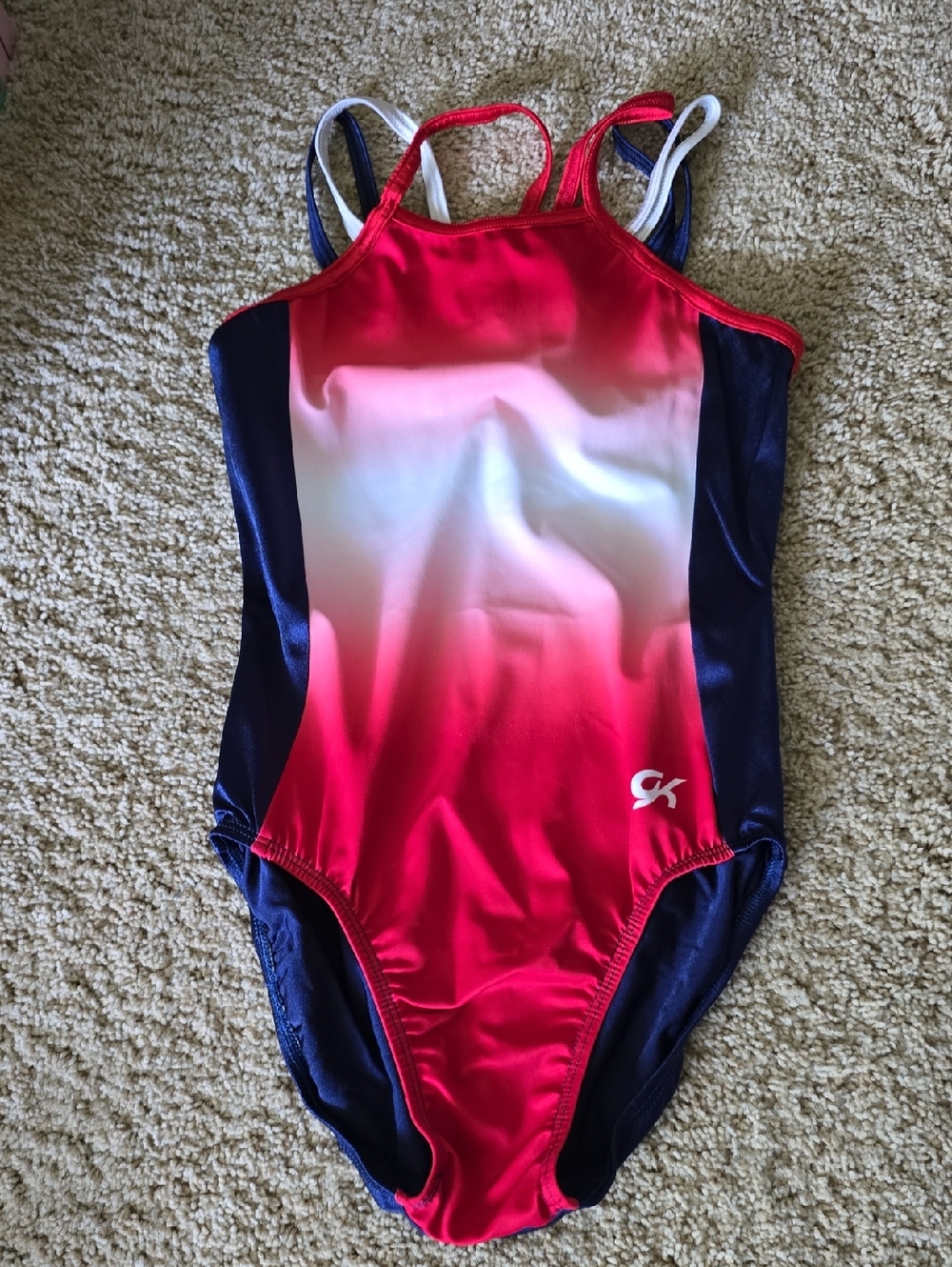 GK Adult large Red to White Ombre leotard with Navy Panels and bavk